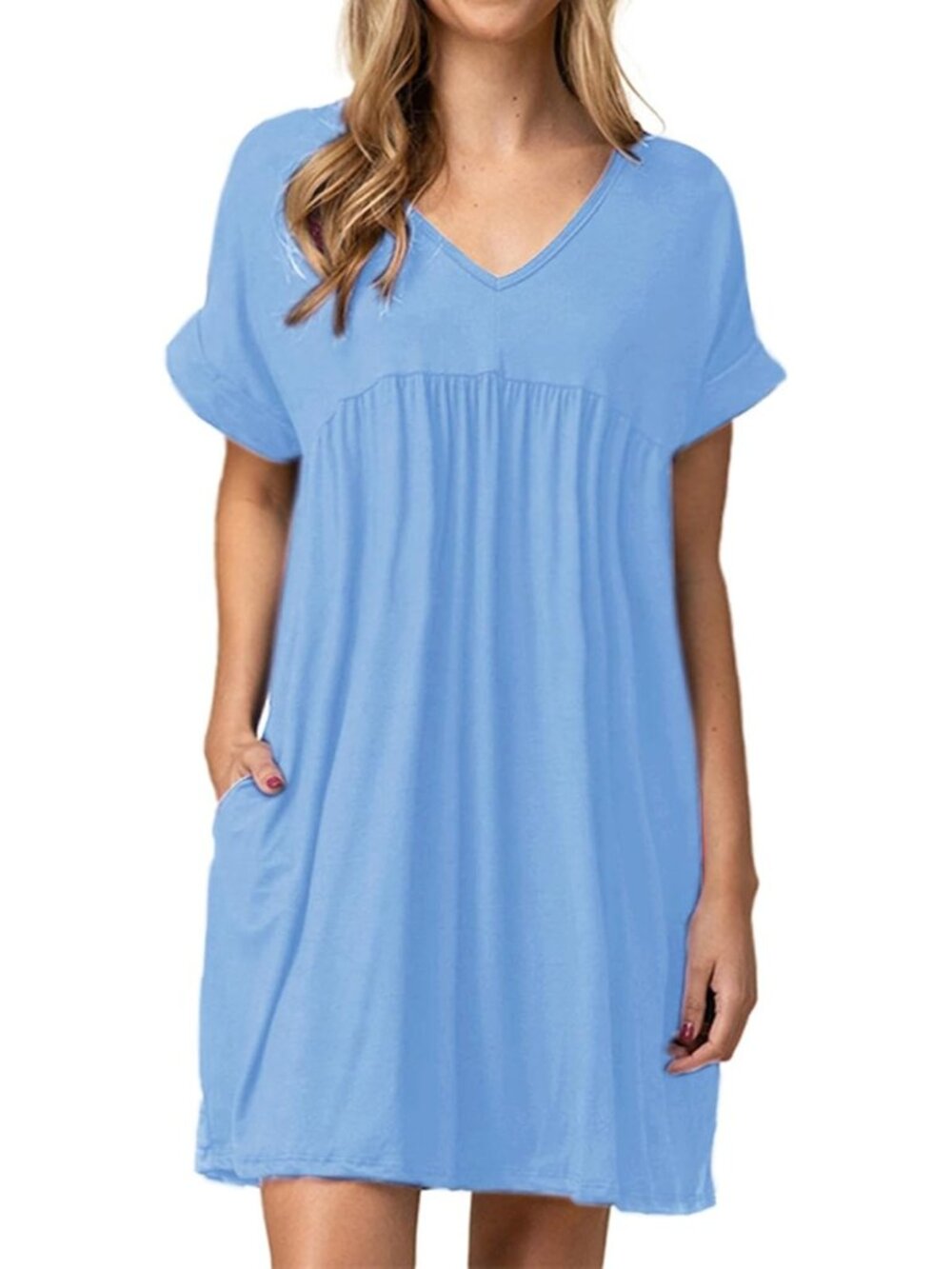 Women's Light Blue Summer Tshirt Dress Casual Mini Tunic Ruched Flowy Dress